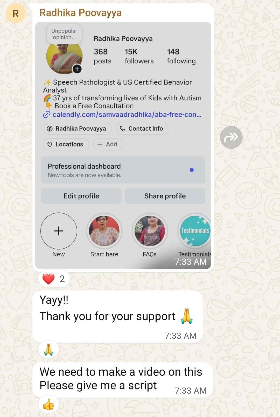 Radhika WhatsApp message celebrating 15K