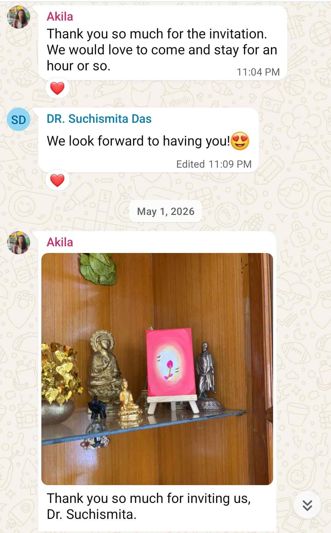 Warm WhatsApp exchange between Akila and Dr Suchismita