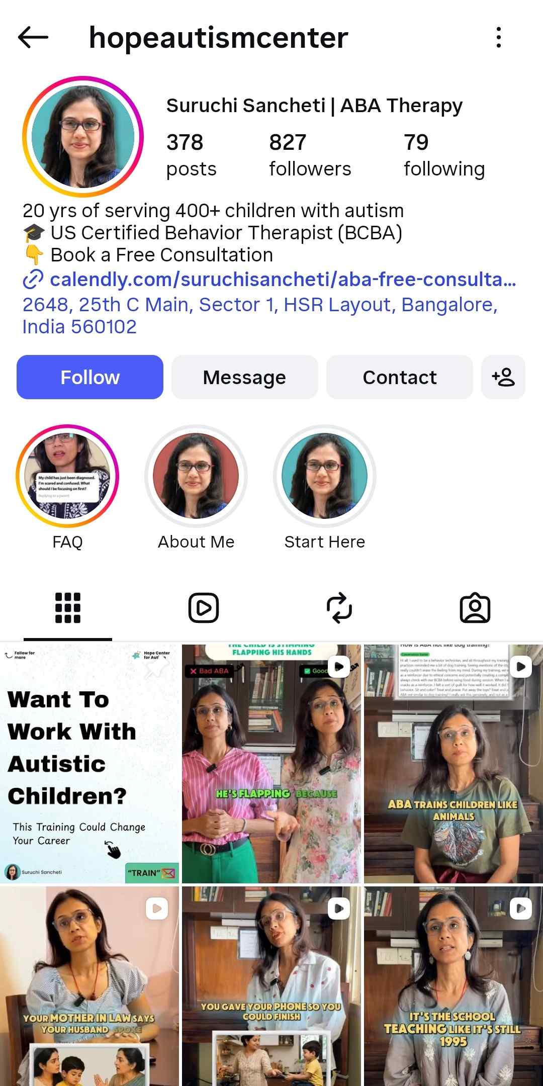 Suruchi Sancheti Hope Center Instagram profile, mid-engagement